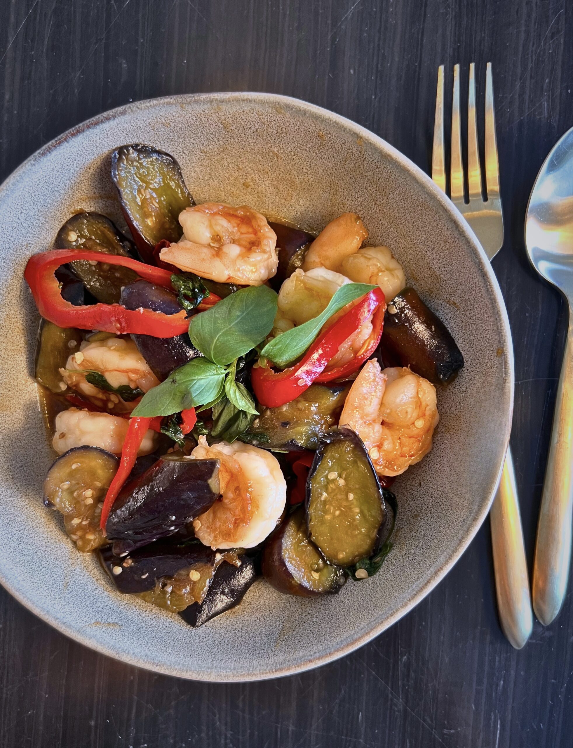 Sautéed Eggplants And Shrimp With Thai Basil