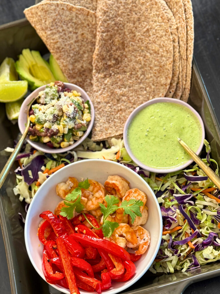 Sheet Pan Shrimp Tacos With Creamy Jalapeño, Lime & Honey Salsa Verde