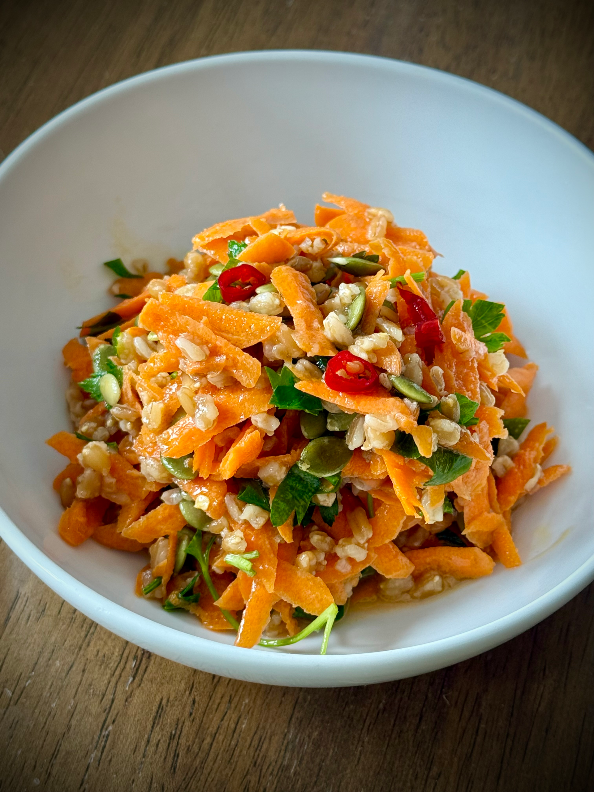 Wholesome Farro And Carrot Salad With Hot Honey Vinaigrette