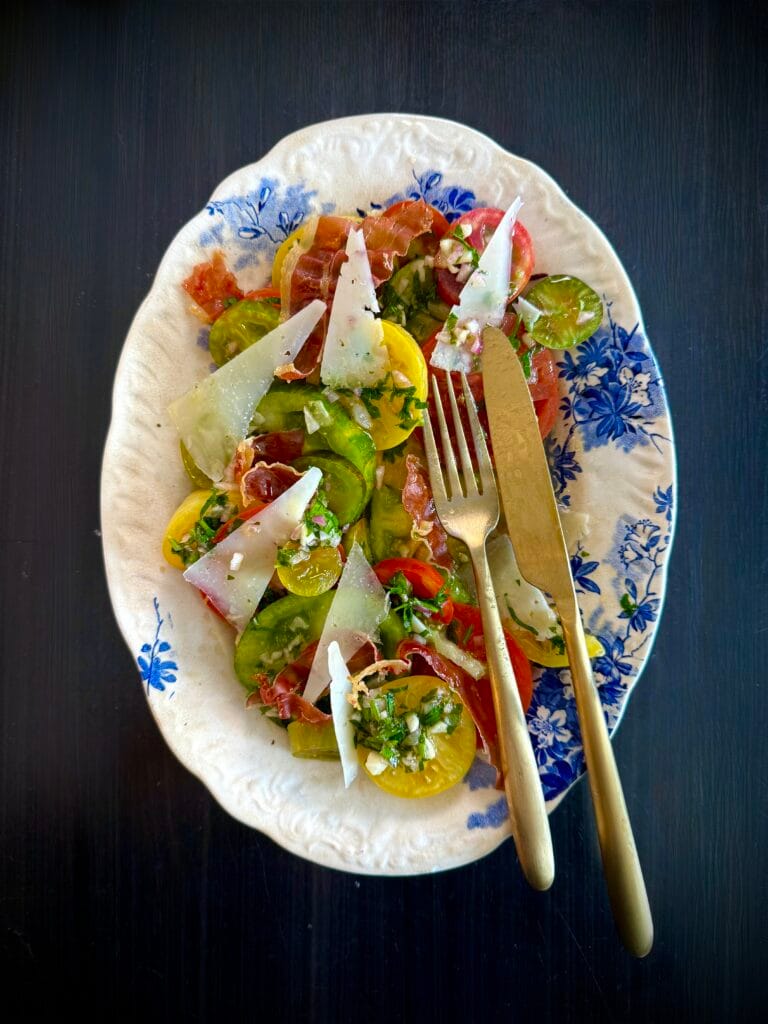 Spanish-Style Tomato Salad With Crispy Serrano Ham & Shaved Manchego