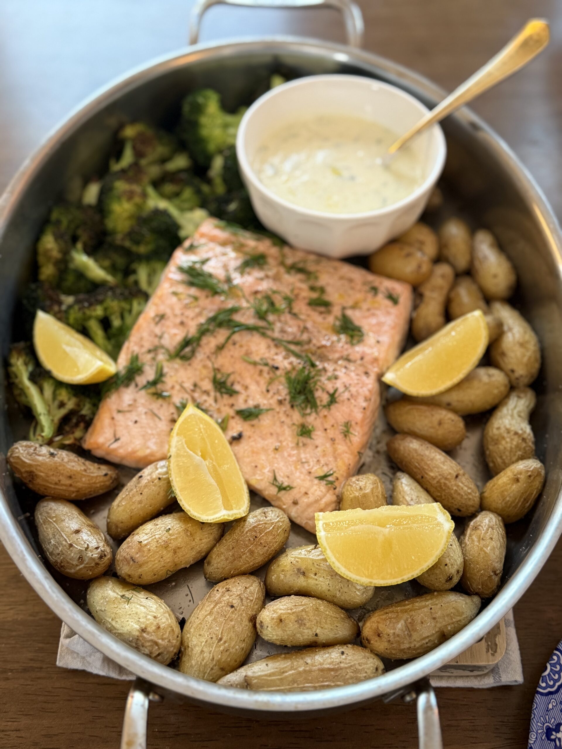 One-Pan Baked Salmon With Potato Wedges & Lemon-Dill Yogurt