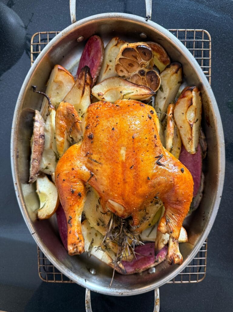 Whole Roast Chicken with Pear, Fingerling Potatoes & Herbs