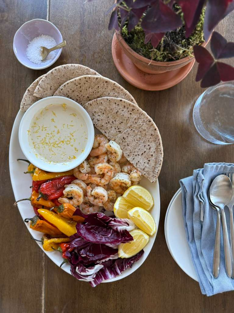 Roast Shrimp & Sweet Bell Pepper Pitas with Garlic Lemon Tahini